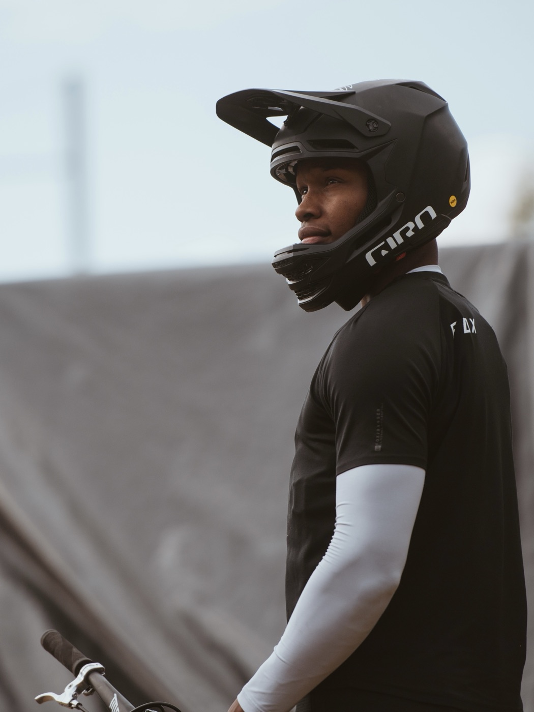 Keon O'Brien in his helmet at a slopestyle contest